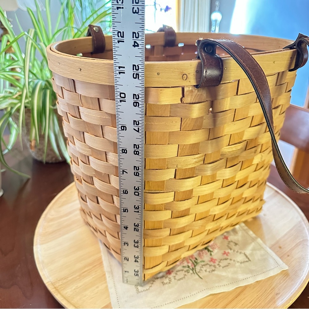 Boardwalk-Style Woven Split Wood Basket w/ Faux Leather Handles | 11” Deep - Picture 3 of 9